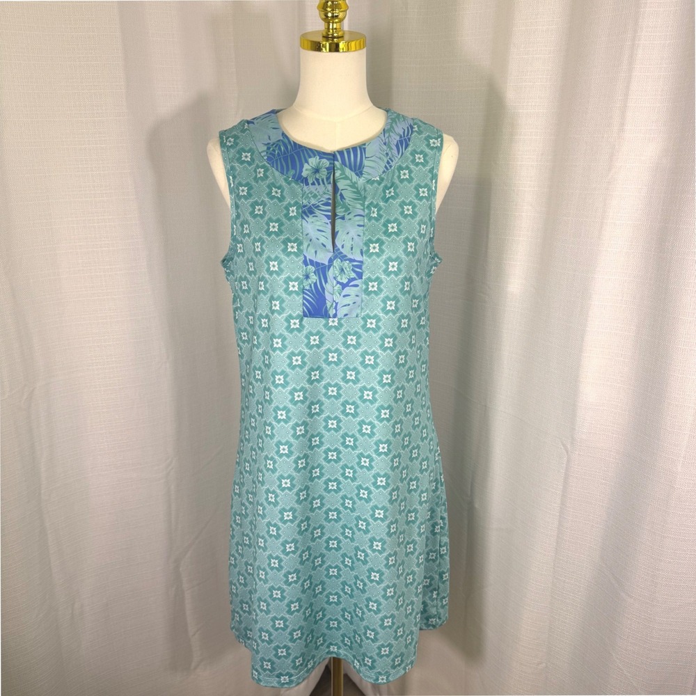 NWOT Cabana Life Shift Dress‎ Large Teal Blue Geo Tropical Sleeveless UPF 50